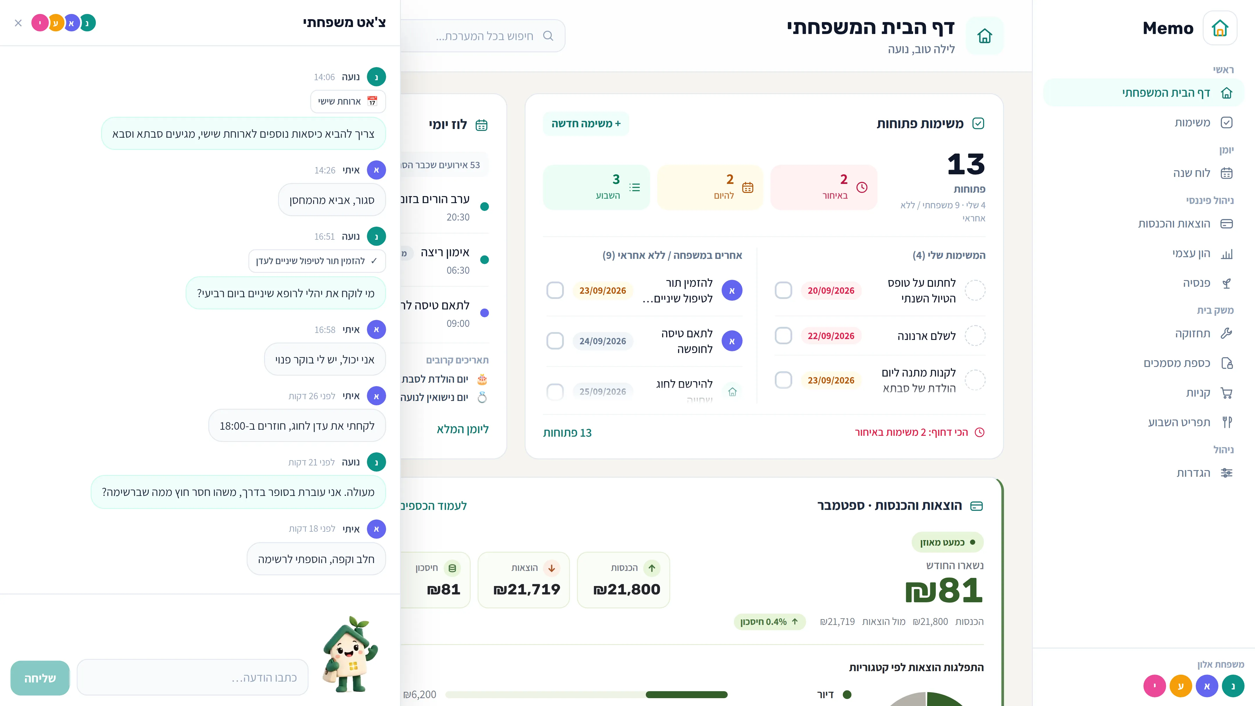 הצ׳אט המשפחתי של Memo פתוח לצד דף הבית