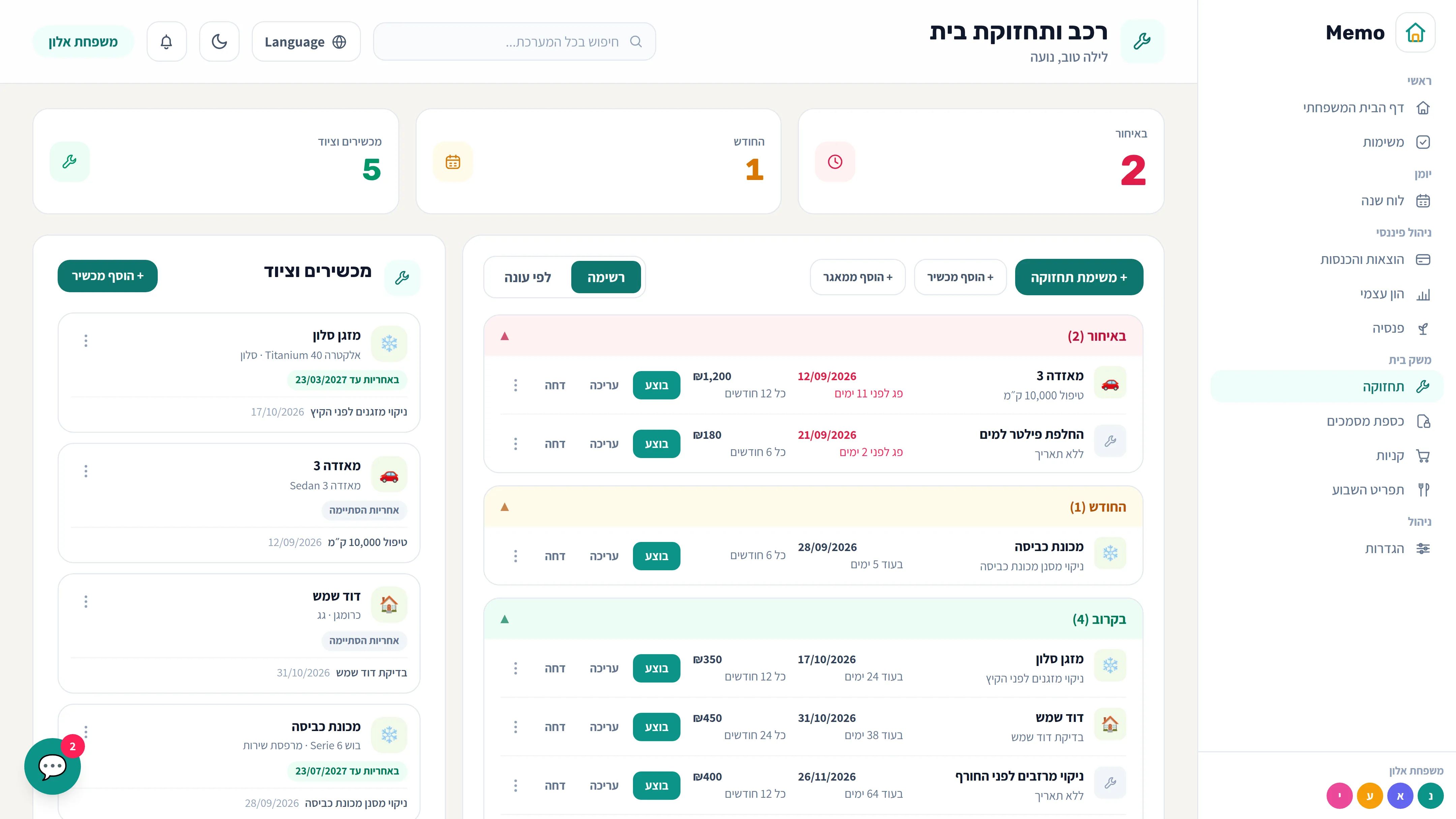 מסך תחזוקת הבית של Memo עם מכשירים ומשימות